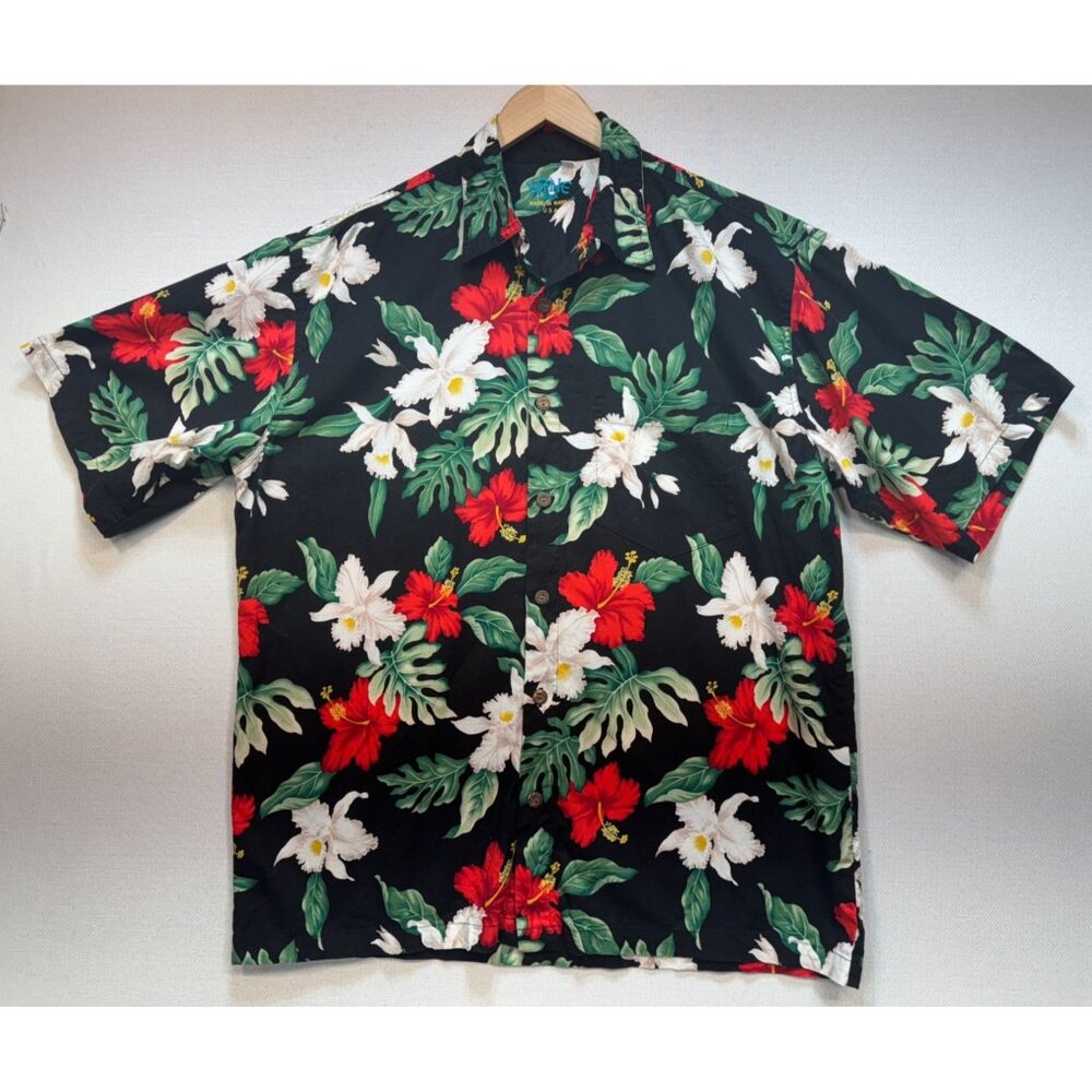 Kane Malia Men Button Up Hawaiian Shirt Short Sleeve Sz XL Black Tropical Floral